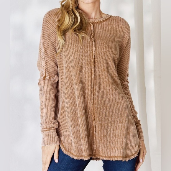 Waffle Knit Oversized Long Sleeve Top: Brown